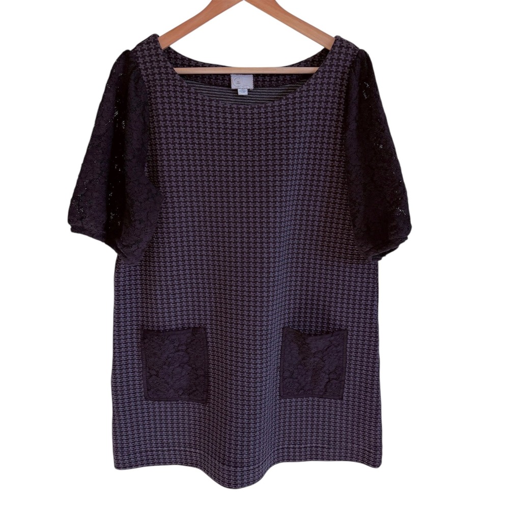9-H15 STCL Anthropologie Dress Large Houndstooth Pockets Lace Sleeve Sheath Mini